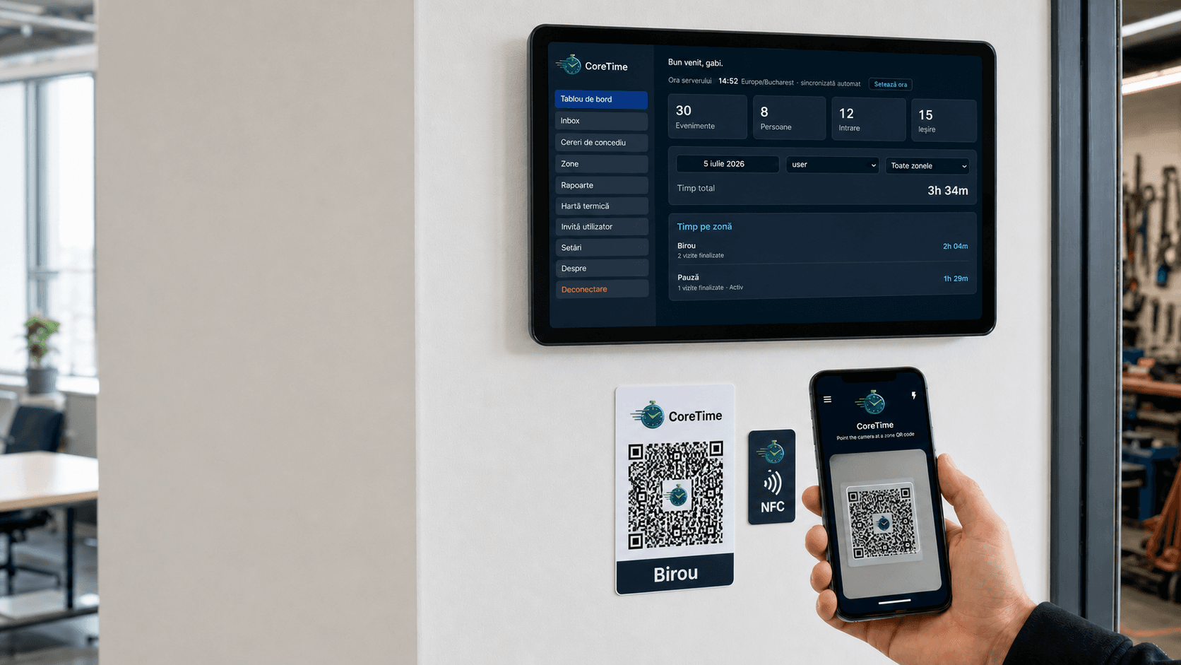 CoreTime dashboard on a wall screen with QR and NFC check-in from phone